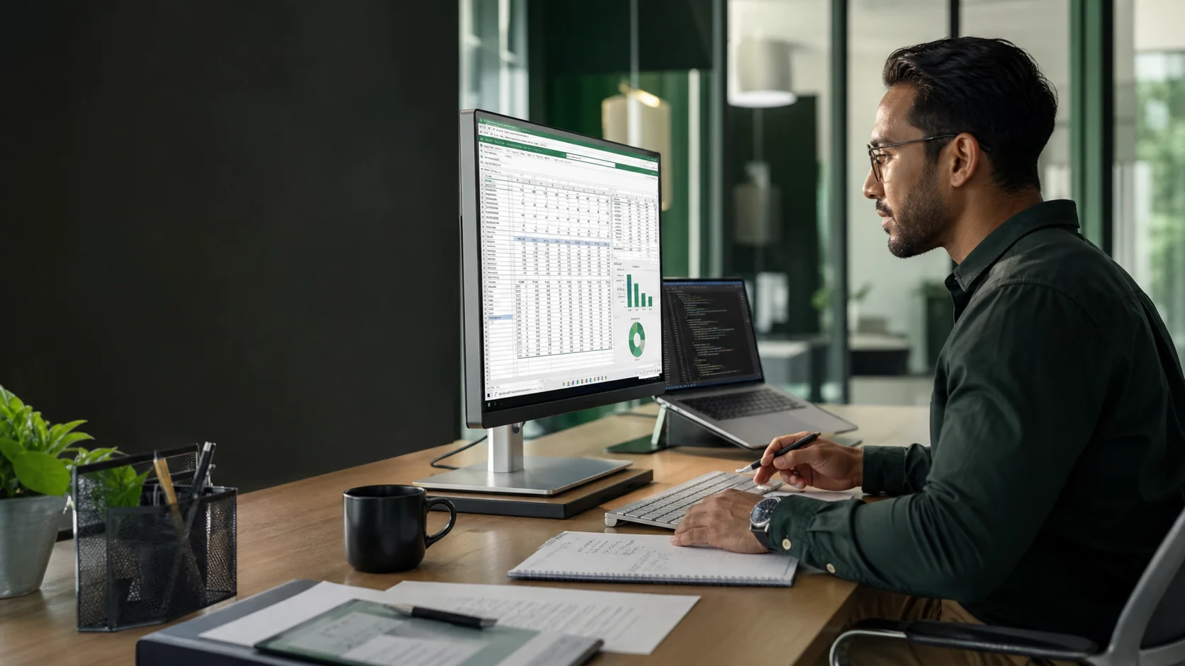 A professional completing a spreadsheet and coding work sample